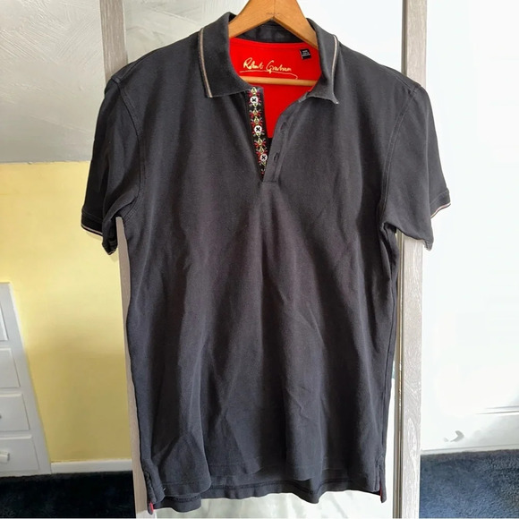 Robert Graham Knowledge‎ Wisdom Truth Polo Shirt Size M Black Floral Embroidered - Picture 1 of 10